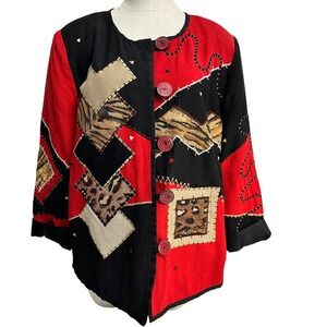 Indigo‎ Moon Patchwork Jacket Womens Medium Red Black Animal Print Art to Wear